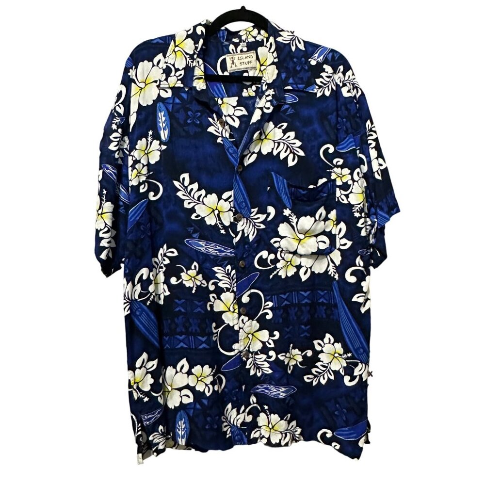 Island Stuff men’s size XXL blue Hawaiian print button front shirt